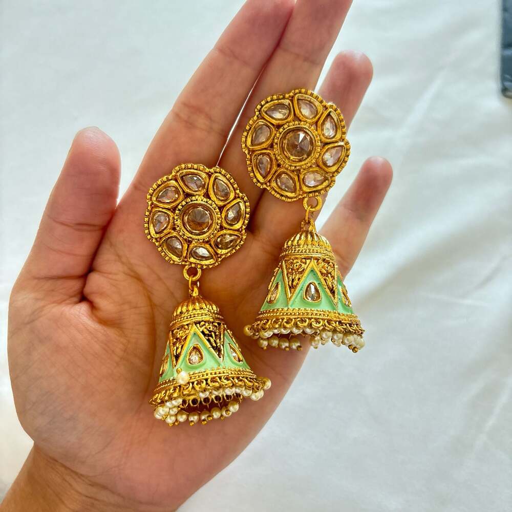 Gold-Tone Kundan and Mint Enamel Jhumka Earrings with Pearl Accents